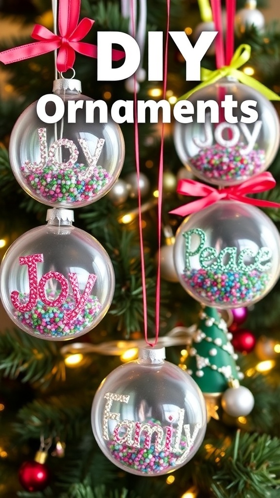 DIY Christmas ornaments with personalized lettering hanging on a tree.
